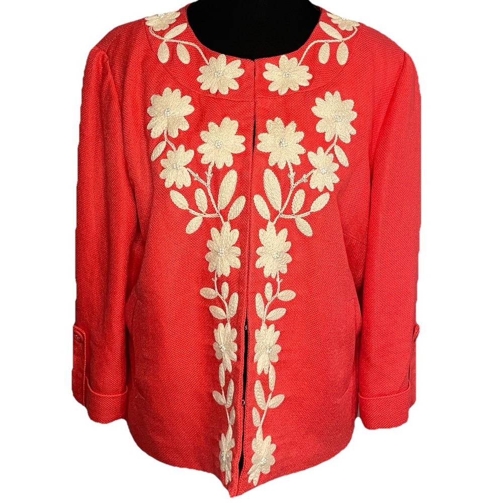 Peter Nygard Womens Sz 14 Coral Linen Blend Floral Embroidered Open Front Blazer